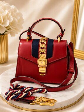 Authentic Gucci Sylvie Mini Top Handle Bag Red Leather Crossbody